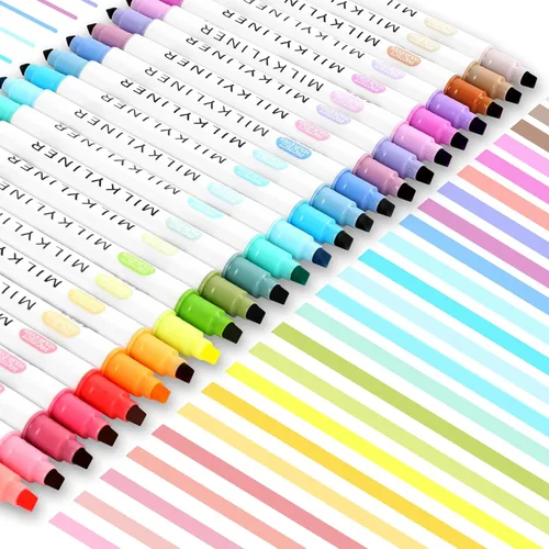 HANKU - Resaltadores de colores surtidos, 24 colores retro únicos, resaltadores pastel, marcadores de resaltador de punta doble y punta fina de set