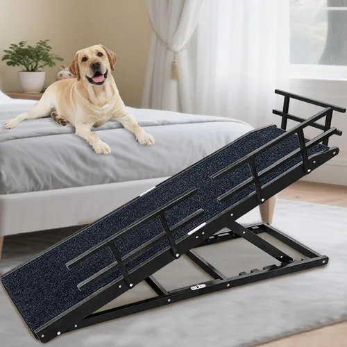 Rampa para perros para cama, 65 pulgadas de largo, soporta hasta 32 pulgadas de altura, incluye alfombra antideslizante reemplazable, rieles de