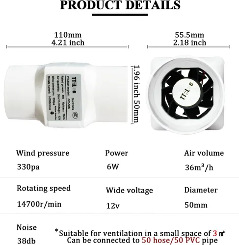 Miniatura 3 de Ventilador de conducto en línea de 2 pulgadas y 12 V para tienda de cultivo, ventilador de ventilación de 1.969 in y 6 W, ventiladores de escape