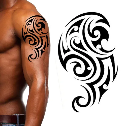 Miniatura 6 de Paquete de 4 adhesivos negros temporales para tatuajes tribales maui para brazos, hombro, azteca, polinesio, samoano, hawaiano, para hombres