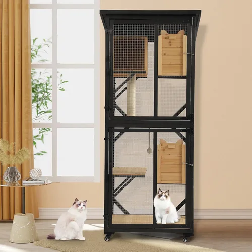 Miniatura 4 de MAGIC UNION Catio de 71 pulgadas de acceso a la ventana para gatos al aire libre, 4 niveles para gatos con ruedas, caja de descanso y techo