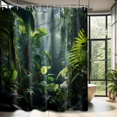 Miniatura 13 de Cortina de ducha verde de selva naturaleza bosque selva tropical paisaje planta tropical decoración de baño, tela impermeable con ganchos, 36x72