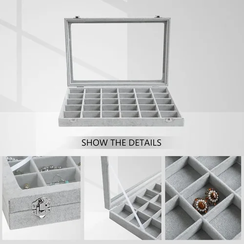 Miniatura 3 de Wudygirl Organizador de joyas de terciopelo con 30 rejillas, caja de joyas, bandeja de joyería con tapa transparente, estuche de almacenamiento