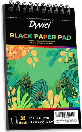 Dyvicl Cuaderno de bocetos profesional de papel negro de 5.5 x 8.5 pulgadas, 35 hojas de papel de dibujo pesado de 150 GSM para bolígrafos de gel