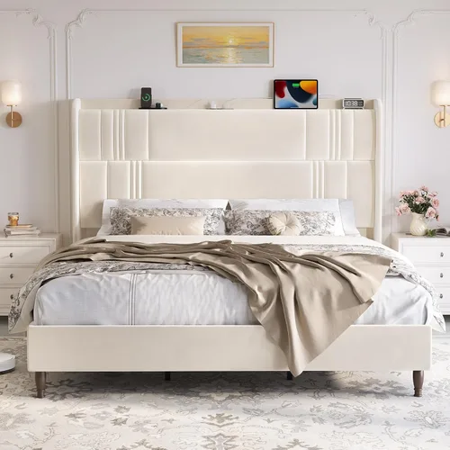 Miniatura 14 de Base de cama tamaño Queen con cabecera alta, plataforma tapizada de 52 pulgadas con estación de carga, marco de cama de terciopelo de lujo, cabecera