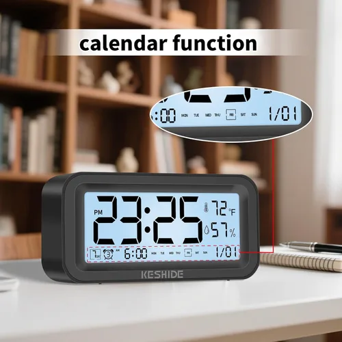 Miniatura 5 de Reloj despertador digital con luz nocturna, funciona con pilas, con temperatura interior y humedad, reloj pequeño de escritorio, modelo con función
