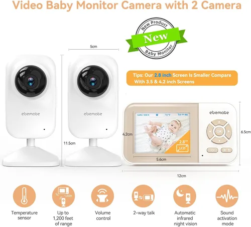 Miniatura 2 de ebemate Monitor de video para bebés con dos cámaras, pantalla LCD de 2.8 pulgadas con monitor de cámara de conversación de 2 vías y 5 canciones