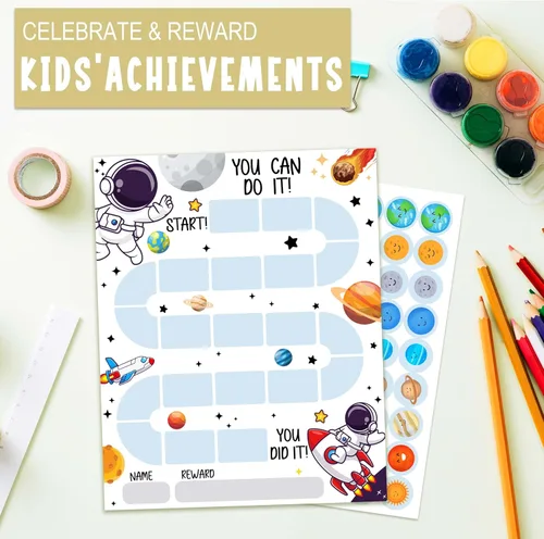 Miniatura 7 de 10 Tablas de Recompensas de Astronautas del Espacio Exterior con 216 Calcomanías Redondas, Tabla de Comportamiento de Incentivos para Niños en Casa