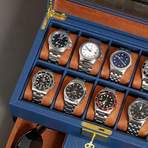 Miniatura 29 de ROTHWELL Caja de reloj de cuero de 10 ranuras con cajón de valet, organizador de exhibición de lujo con forro de microgamuza ultrasuave, soporte