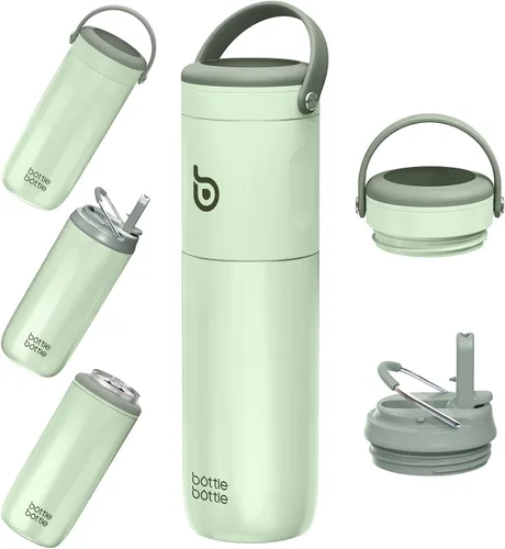 Miniatura 11 de BOTTLE BOTTLE Botella de agua aislada para deportes con popote, 2 tapas, botellas de agua 3 en 1 de 18 onzas para enfriadores de latas delgados