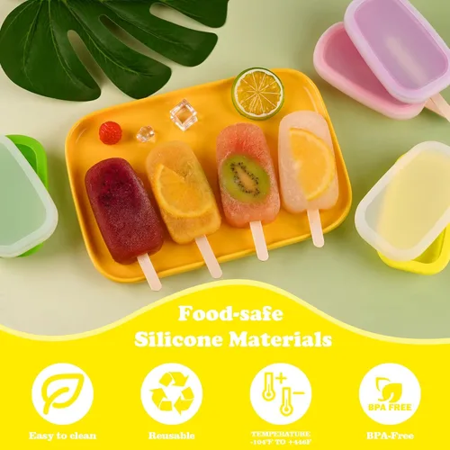 Miniatura 2 de Sakolla 4 moldes de silicona para paletas con tapa y 50 palitos de madera para paletas de madera, moldes ovalados clásicos apilables para helados