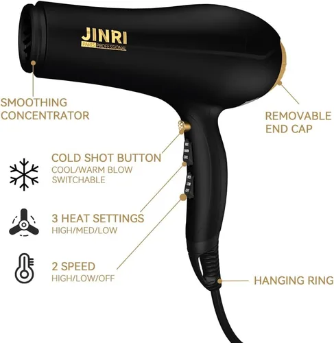 Miniatura 2 de JINRI Secador de pelo de 2000 W con iones negativos e infrarrojos, negro, 3 de calor y 2 velocidades, entrada de aire desmontable