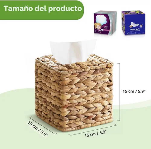 Miniatura 4 de Funda cuadrada de mimbre para caja de pañuelos, cajas de pañuelos faciales, caja de servilletas tejida a mano para baño, dormitorio, oficina, mesa