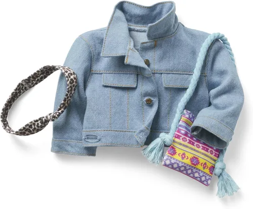 American Girl Truly Me - Chaqueta de mezclilla con accesorios para muñecas de 18 pulgadas, bolso impreso y diadema con estampado de leopardo, para