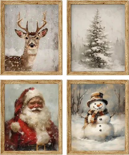 LKETW Póster vintage de impresiones navideñas de invierno sin marco, juego de 4 unidades de 8x10 pulgadas, decoración de pared rústica de Papá Noel
