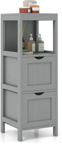 Miniatura 10 de LOKO Gabinete de piso de baño, gabinete de almacenamiento multifuncional con 2 cajones extraíbles, armario de baño moderno con correa anticaída, 12