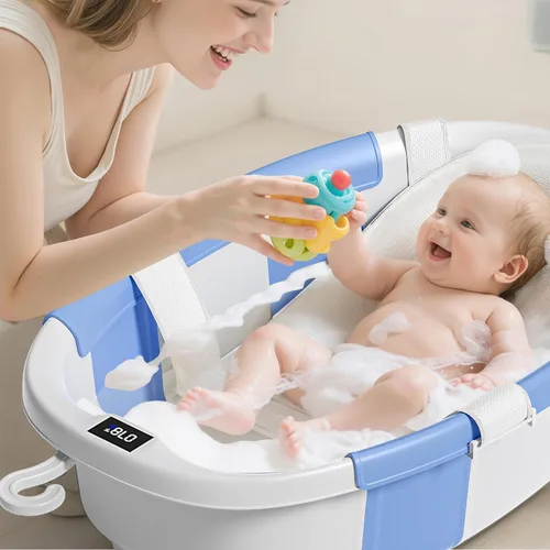 Miniatura 2 de Bañera plegable para bebés, bañeras para bebés recién nacidos con cojín suave y termómetro y bolsa de malla organizadora de juguetes, bañera