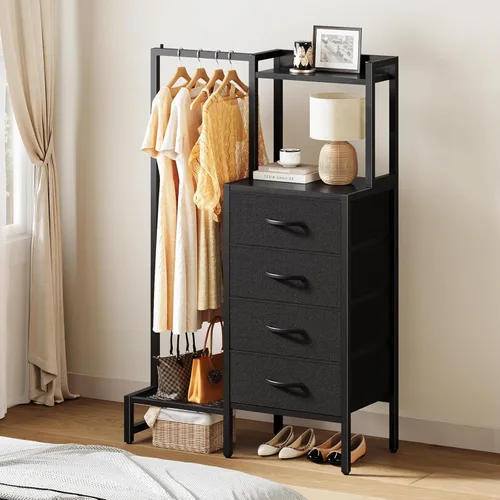 Miniatura 9 de Yoobure Cómoda negra con estante para colgar, armario pequeño con 4 cajones de almacenamiento de tela, cómoda de 44 pulgadas de alto con perchero