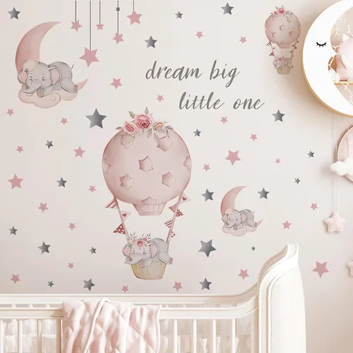 Miniatura 3 de Adhesivo de pared grande con diseño de elefante y elefante rosa durmiendo, sacinora Moon and Stars, vinilo extraíble para niños, guardería