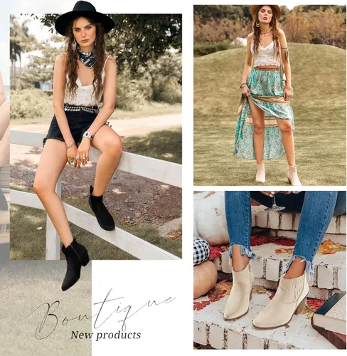 Miniatura 5 de TINSTREE Botines occidentales para mujer, puntera puntiaguda, tacón medio, estilo Chelsea con cremallera lateral, elástico