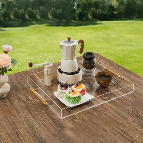 Miniatura 6 de Bandeja grande de acrílico transparente para servir (16 x 18 pulgadas) con asas doradas, bandeja decorativa acrílica a prueba de derrames