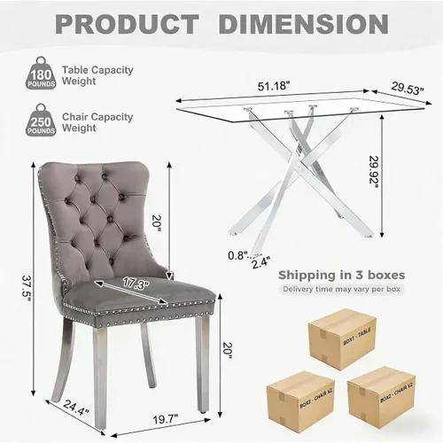 Miniatura 3 de Juego de mesa de comedor de vidrio de 51 pulgadas para 4, mesa de cocina rectangular moderna de vidrio con 4 sillas tapizadas de terciopelo, juego