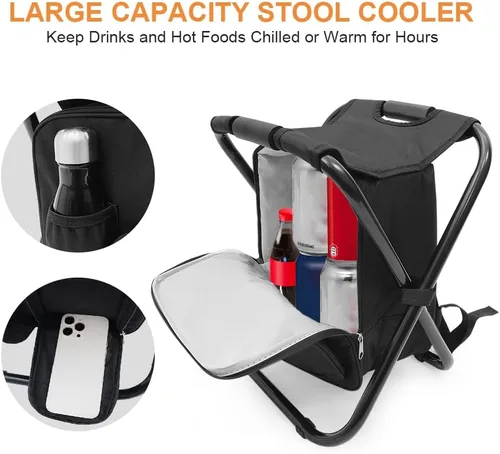 Miniatura 4 de YESIACE Taburete plegable portátil para acampar, mochila con bolsa refrigeradora, asiento de senderismo, pesca al aire libre, regalos de caza, negro
