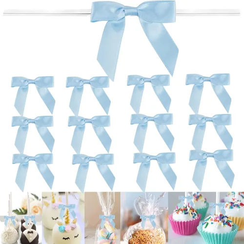 100 lazos preatados azul satinado de 3 pulgadas con lazos giratorios, bolsas de golosinas, paletas para pasteles y galletas
