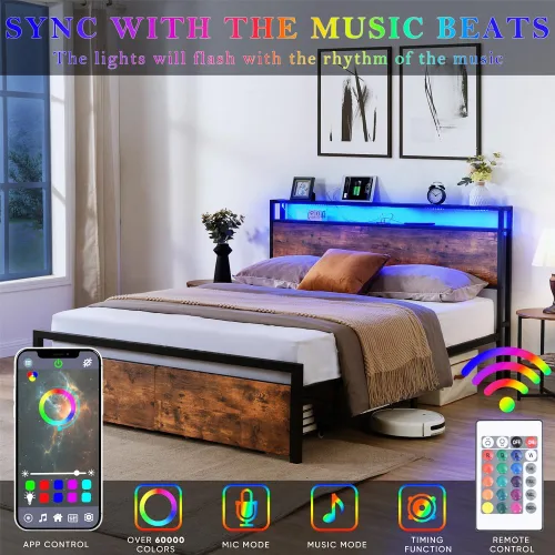 Miniatura 4 de Base de cama de tamaño matrimonial con cajones de almacenamiento y 3 puertos USB, base de cama LED matrimonial con cabecero, plataforma de metal sin