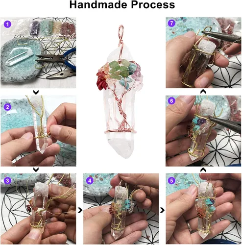 Miniatura 3 de Jovivi - Collar con dije de cuarzo de cristal natural envuelto en alambre con la forma de árbol de la vida de piedras preciosas, regalo ideal