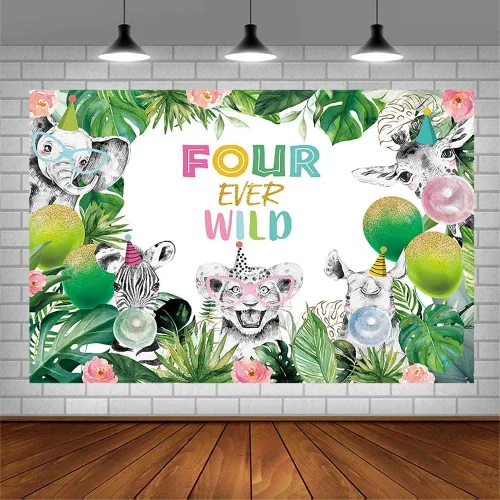 Miniatura 3 de AIBIIN Telón de fondo de fotografía de cumpleaños de cuatro siempre salvajes de 7 x 5 pies para niños, selva, safari, bosque, animales tropicales