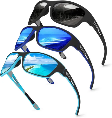 KUGUAOK Gafas de sol deportivas polarizadas para hombres, para conducir, ciclismo, pesca, gafas de sol 100% con protección UV 3apck-negro+azul+azul