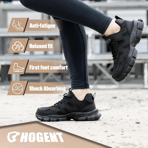 Miniatura 6 de Hogent - Zapatos de puntera de acero para mujer y hombre, anchos, antideslizantes, de trabajo, tenis de punta compuesta, indestructibles, cómodos
