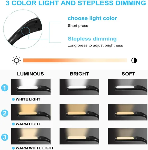 Miniatura 2 de Luz de lectura LED para el cuello, luces de libro para leer en la cama, lámpara de escritorio con brillo ajustable, 3 colores, con brazos flexibles