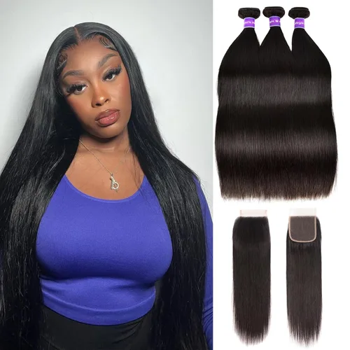 Miniatura 9 de 3 manojos de cabello humano brasileño lacio ondulado grado 10A, cabello virgen Remy sin procesar, 24, 26, 28 pulgadas, paquetes de cabello lacio