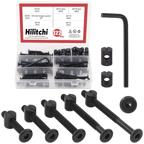 Hilitchi M6 120 piezas de tornillos de cabeza hexagonal negra, tuercas de barril, kit surtido de accesorios para cuna, cama de bebé, muebles, cunas