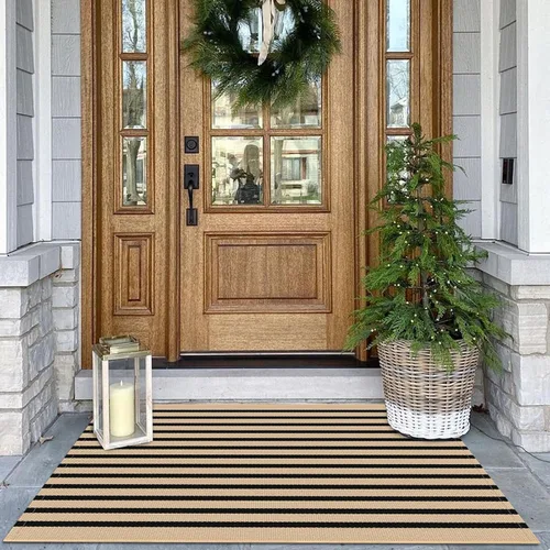 Miniatura 23 de KOZYFLY Alfombra a rayas blancas y negras de 2 x 3 pies, tejido de algodón, lavable, para interiores y exteriores, alfombra pequeña para puerta