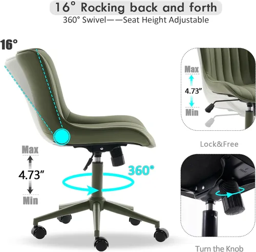 Miniatura 3 de YOUNIKE Silla de Escritorio Verde para Oficina en Casa con Ruedas Sin Brazos Compacta Cómoda Silla de Tocador con Respaldo Ajustable Moderna Pequeña