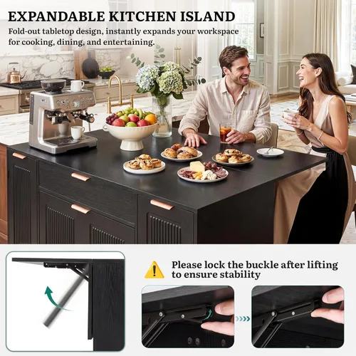 Miniatura 3 de YITAHOME Expandable Kitchen Island with Hidden Trash Cabinet, 55.1" Rolling Kitchen Island with Drop Leaf, Storage Drawer & 3-Tier Side Shelves