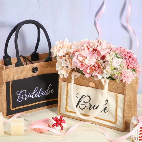 Miniatura 2 de Buryeah Paquete de 8 bolsas de mano para novia, tribu, regalo de boda, bolsa de arpillera nupcial con asas, bolsa de yute nupcial reutilizable