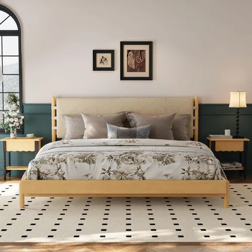 Miniatura 14 de Moderno juego de base de cama Queen con 2 mesitas de noche, cama de plataforma de madera beige con cabecero y mesitas de noche a juego