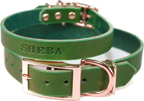 Miniatura 5 de Collar de cuero personalizado hecho a mano para perro con bridón grabado con el nombre de la mascota, herrajes en tono cobre/oro rosa (negro)