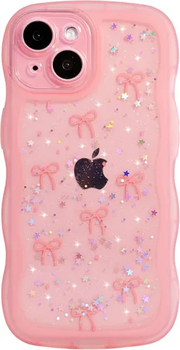 Miniatura 110 de Qokey Funda para iPhone 12 Pro Max de 6.7 pulgadas, diseño de onda rizada, borde transparente, brillante con purpurina, estrella brillante, bonita