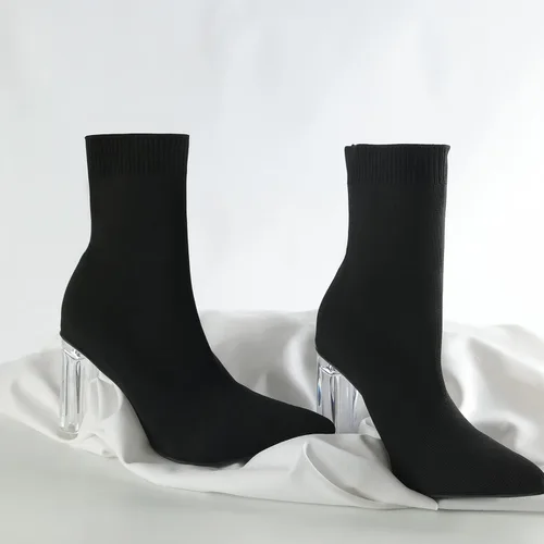Miniatura 3 de Shoe'N Tale - Botas de tobillo con calcetín de punto para mujer, con punta, tacón medio transparente, fáciles de poner, botines elásticos