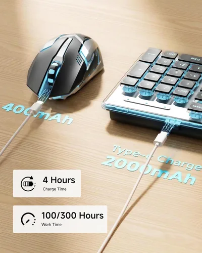 Miniatura 6 de SEUNKWANG EWEADN V3 Combo de Teclado y Mouse Inalámbrico con Retroiluminación Azul, Panel Metálico, Teclado y Mouse de Computadora Recargable Negro