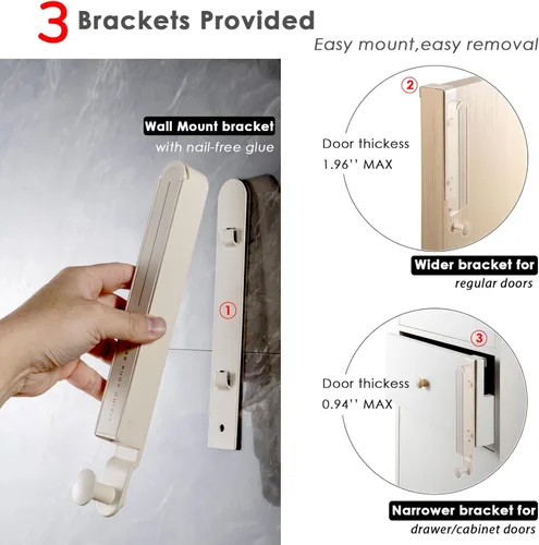 Miniatura 3 de Escurridor de ropa plegable con 3 soportes para montaje sobre la puerta y la pared, estante de metal para secadora de ropa con barra retráctil