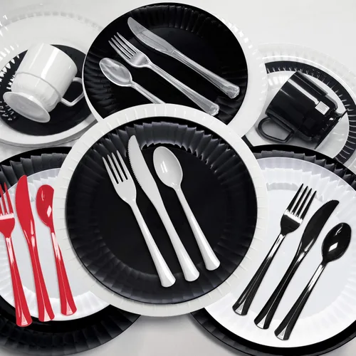Miniatura 4 de Party Essentials - Paquete combinado de cubiertos de plástico extra resistentes, tamaño completo, cuchillos/tenedores/cucharas, negro, juego para 8
