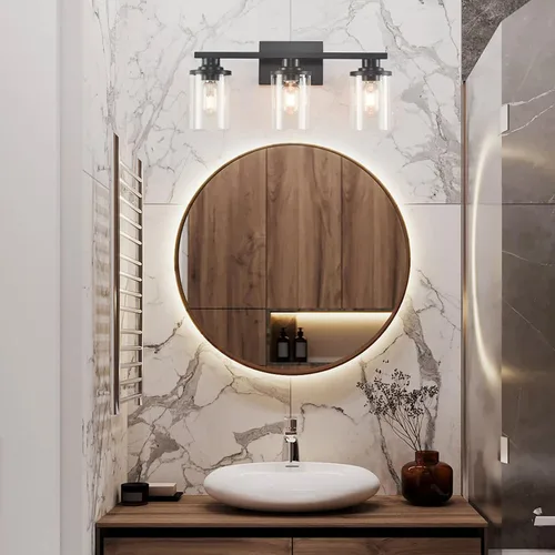 Miniatura 7 de 3 Luces Negras para Tocador de Baño con Pantalla de Vidrio Transparente, Apliques de Pared Modernos de Iluminación para Baño Sobre Espejo