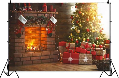 Miniatura 4 de Laeacco Telón de fondo de fotografía de chimenea de Navidad de 7 x 5 pies, telón de fondo de Navidad para interiores, árbol mágico que brilla