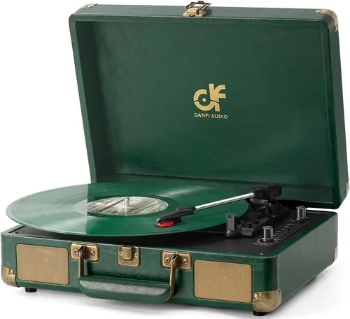 Tocadiscos con entrada Bluetooth y grabación USB, altavoces estéreo integrados, reproductor de vinilo portátil de maleta de 3 velocidades con